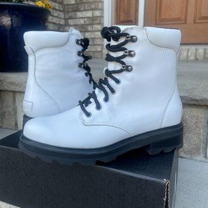 SOREL LENNOX LACE UP STKD WP  Women's Outdoor Combat Moto Boot White Leather New